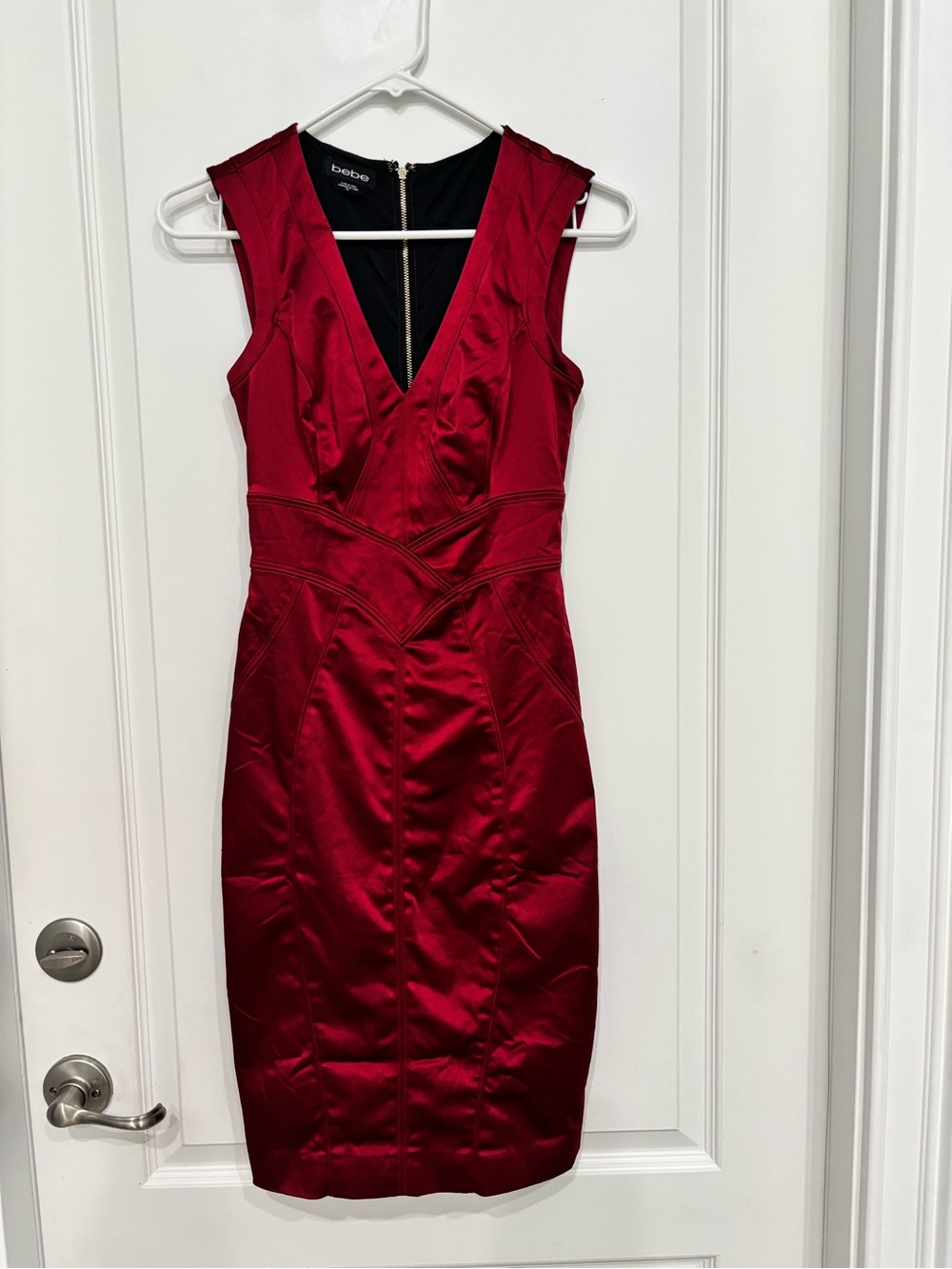 Bebe Burgundy Satin V-Neck Midi Dress